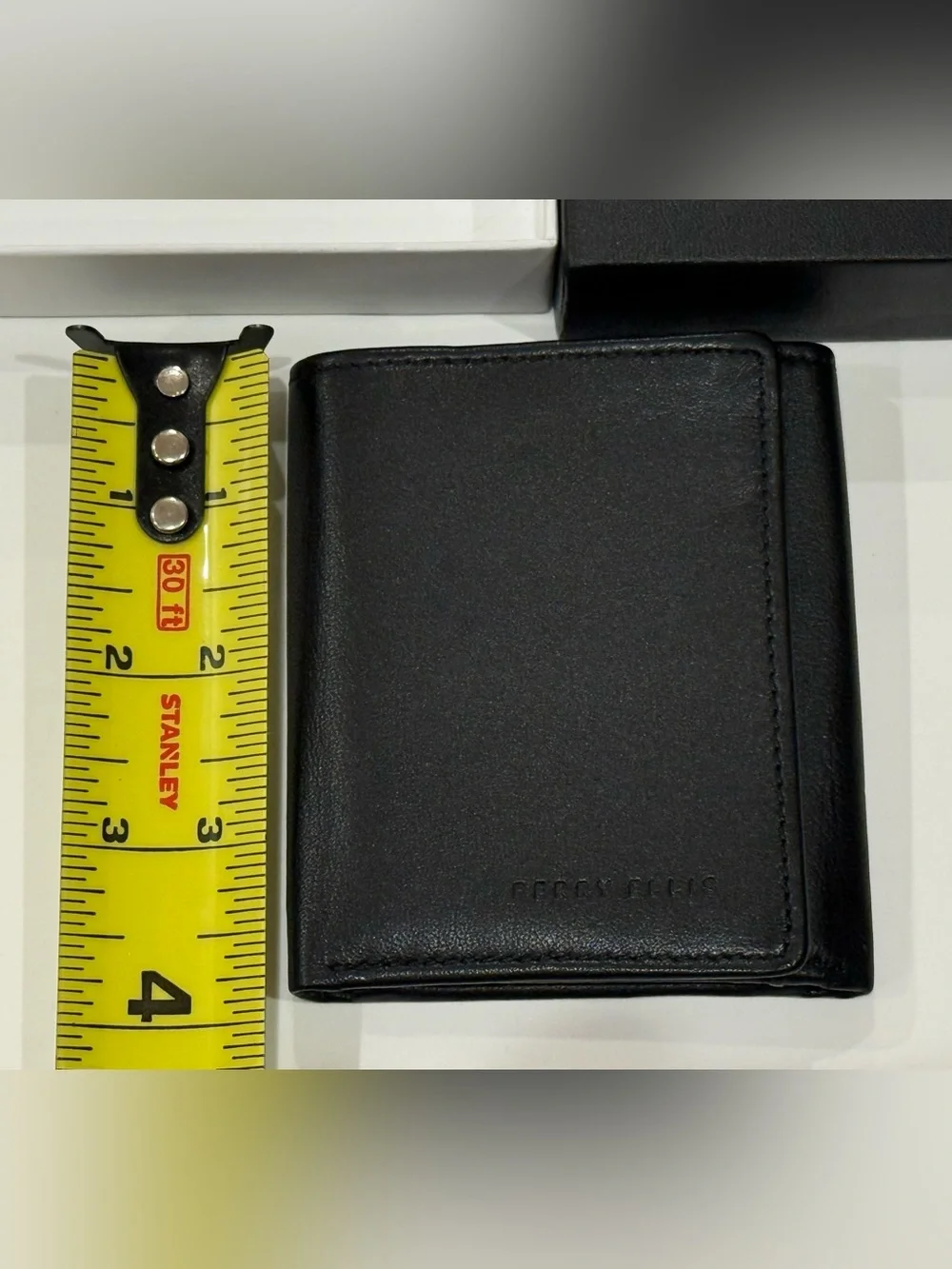 Perry Ellis Black Leather Slim Trifold Wallet with Gift Box